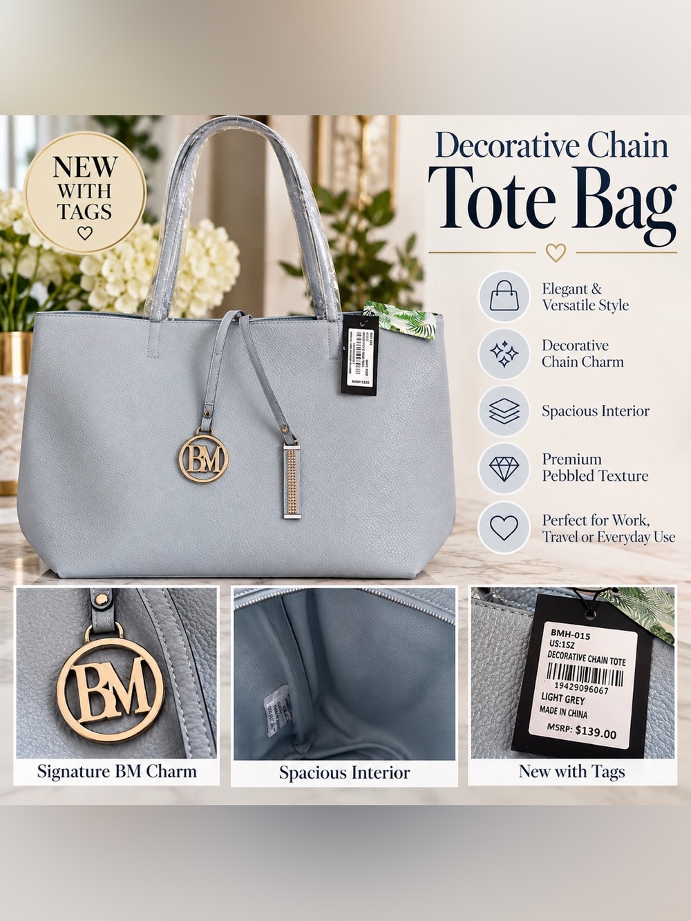 NWT Light Grey Decorative Chain Tote Bag โ BM Charm โ MSRP $139